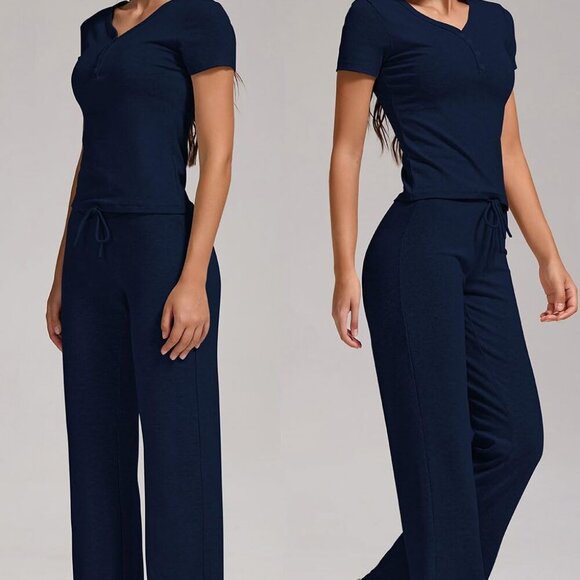 Navy Women's 2 Piece Lounge Set Slim Short Sleeve Top Elastic Waist Straight Leg - Picture 3 of 5
